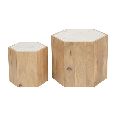 WOOD/MARBLE, S/2 14/20 HEXAGONLA SIDE TABLES, NAT