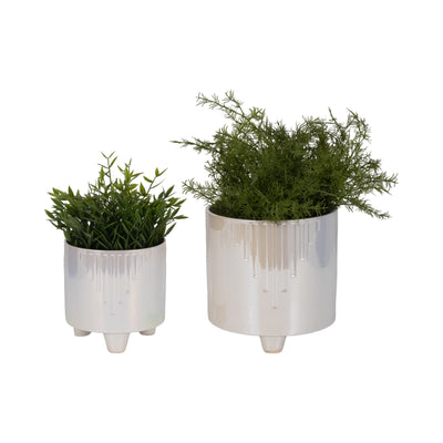 S/2 6/8 Iridescent Line Footed Planters, Ivory