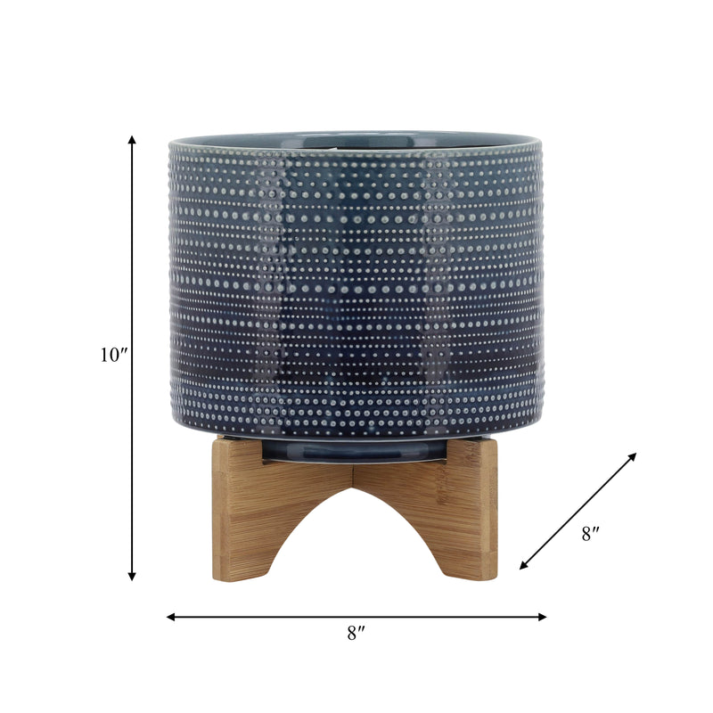 8 DOTTED PLANTER W/ WOOD STAND, BLUE