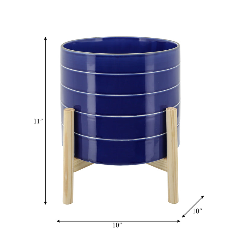 10 STRIPED PLANTER W/ WOOD STAND, NAVY