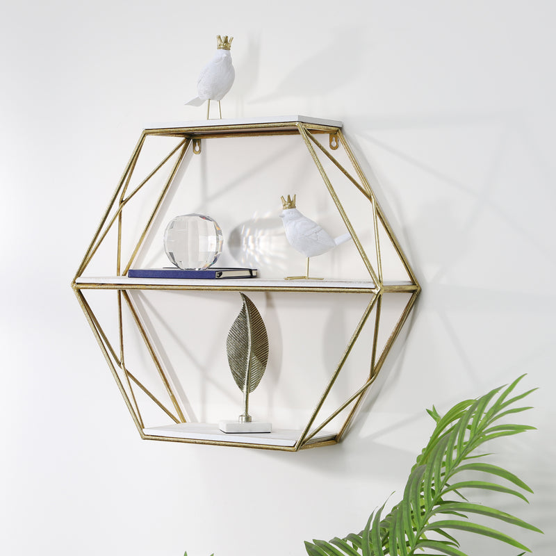 METAL / WOOD 3 TIER HEXAGON WALL SHELF, GOLD