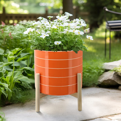 10 STRIPED PLANTER W/ WOOD STAND, ORANGE