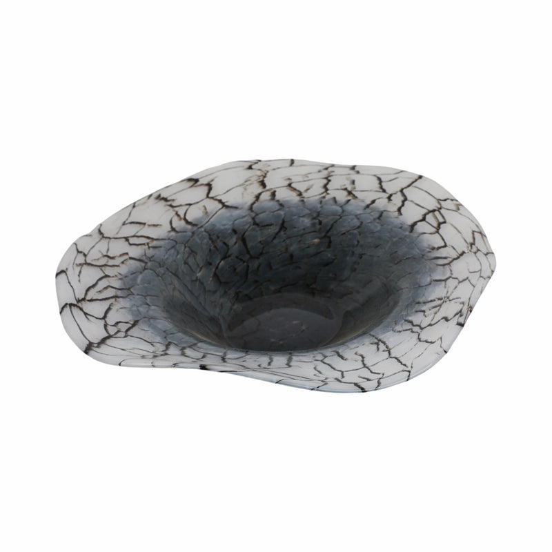 12x12 Abstract Glass Bowl With Veining, White/bla