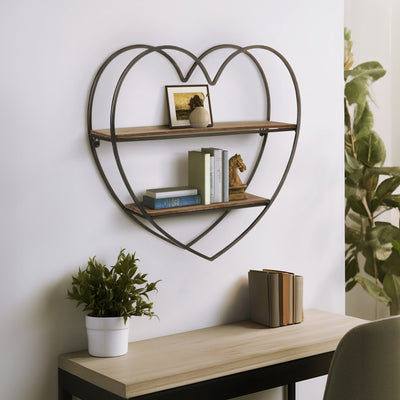 METAL/WOOD 2 TIER HEART WALL SHELF, NATURAL/BLACK