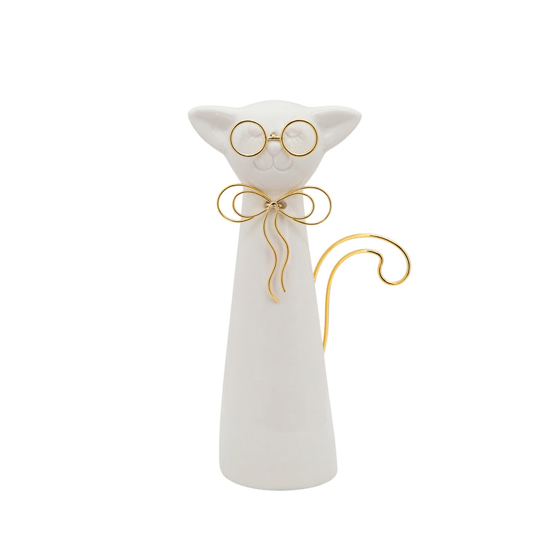 8H CAT W/GLASSES DECO, WHITE