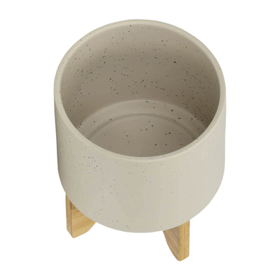 S/2 5/8 PLANTER W/ WOOD STAND, MATTE BEIGE