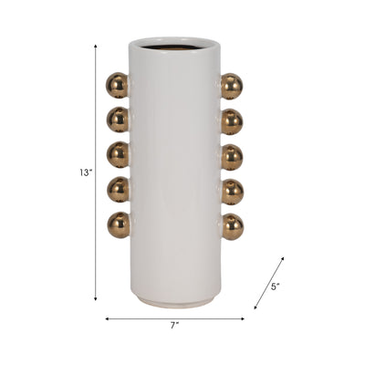 Cer, 13 Vase W/ Side Knobs, White/gold