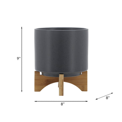 8 PLANTER W/ WOOD STAND, MATTE GRAY