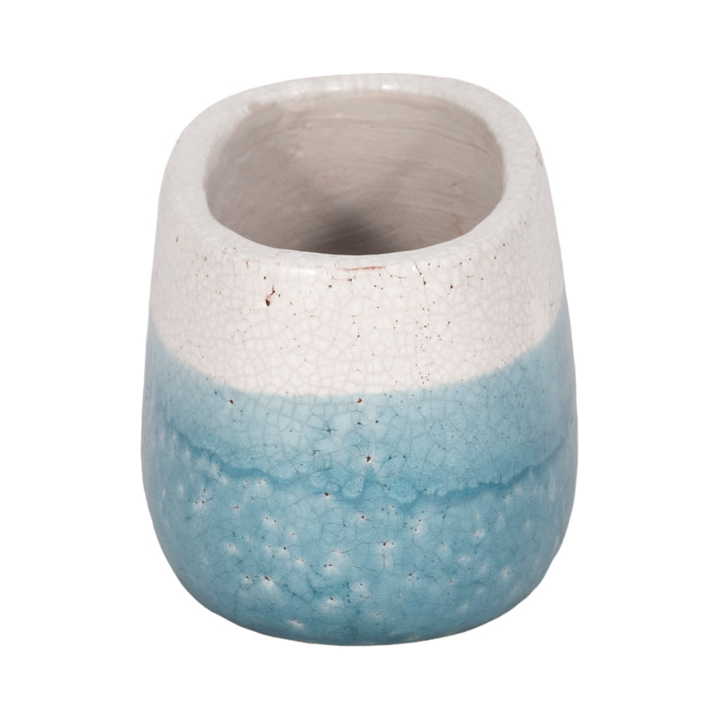 7 Oval Reactive Crackle Finish Planter, Blue/whit