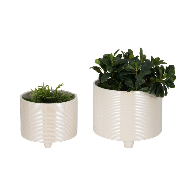 S/2 10/12 Iridescent Ribbed Planters, Ivory