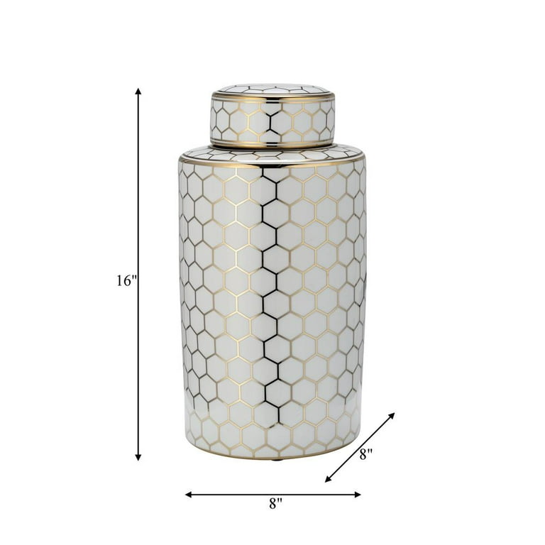 CER, 16 HONEYCOMB JAR W/ LID, GOLD