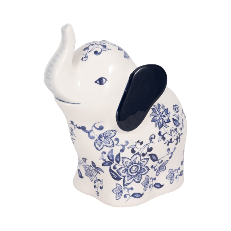 6 Trunk Up Chinoiserie Elephant, Blue/white