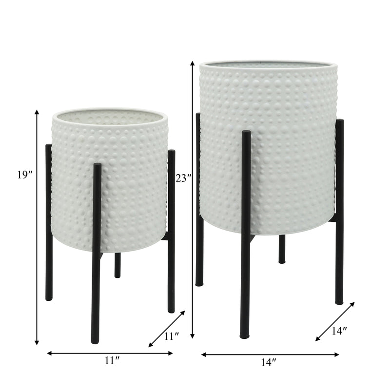 S/2 DOTTED PLANTERS IN METAL STAND, WHITE