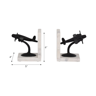 Metal, S/2 6 Airplane Bookends On Marble, Blk/wht