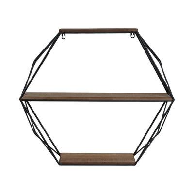 METAL/WOOD 3 TIER HEXAGON WALL SHELF, BROWN/BLACK