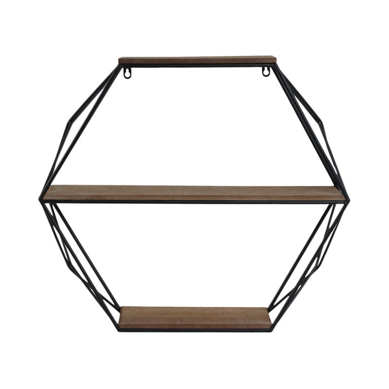 METAL/WOOD 3 TIER HEXAGON WALL SHELF, BROWN/BLACK