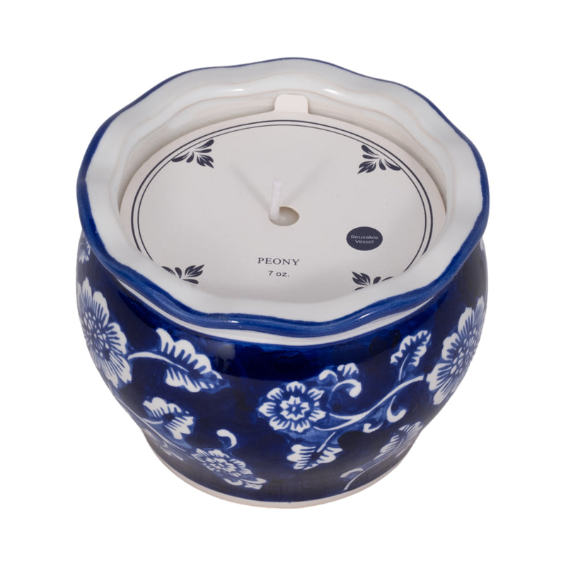 4, 7oz Round Chinoiserie Candle , Blue/white