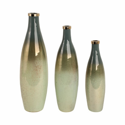 S/3 16/18/21 Windard Glass Bottles, Green