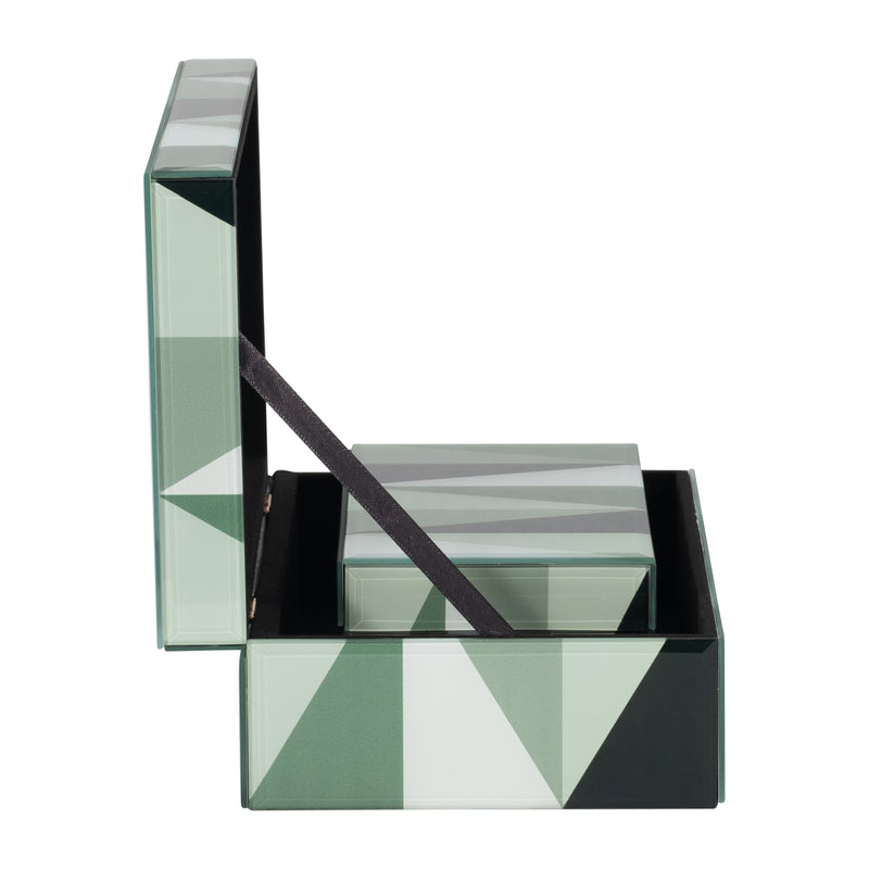 GLASS, S/2 8/11 TRIANGLES BOXES, GREEN/WHITE