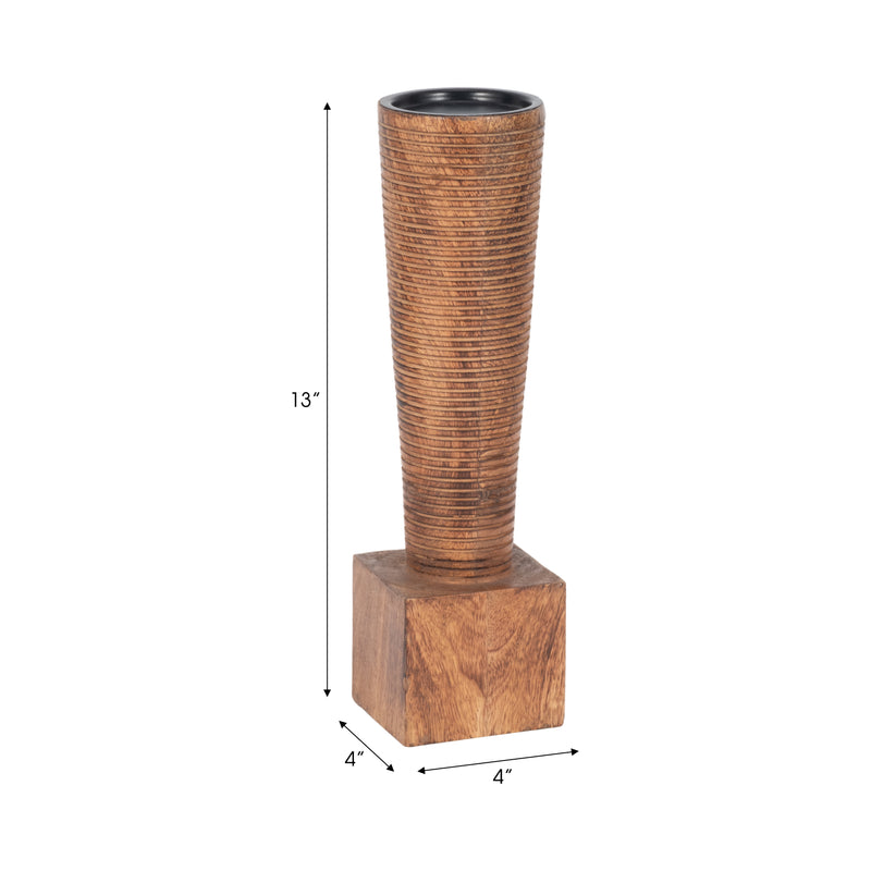 Wood, 13h, Geometric Candle Holder, Brown