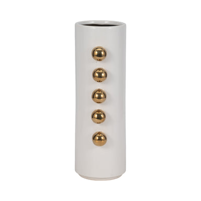 Cer, 16 Vase W/ Side Knobs, White/gold