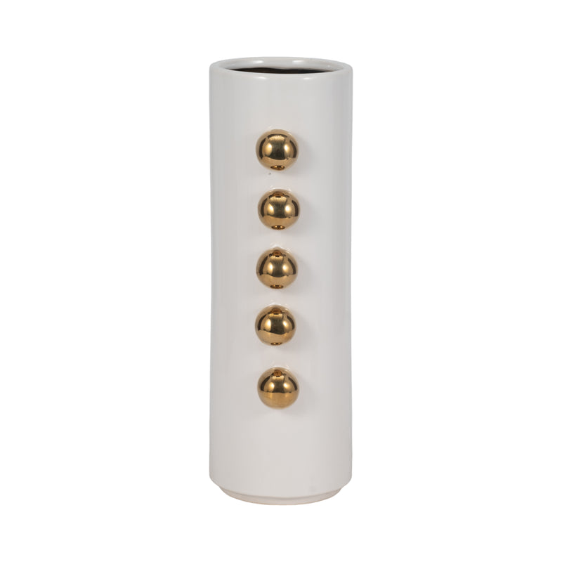 Cer, 16 Vase W/ Side Knobs, White/gold