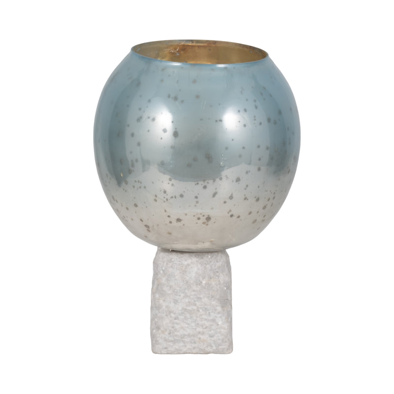 Glass, 15 Bowl Pillar Holder Marble Base, Aqua/wh