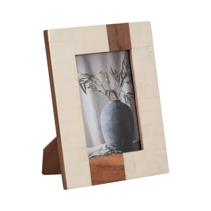 RESIN, 4X6 WOOD STRIPE PHOTO FRAME, IVORY/BROWN