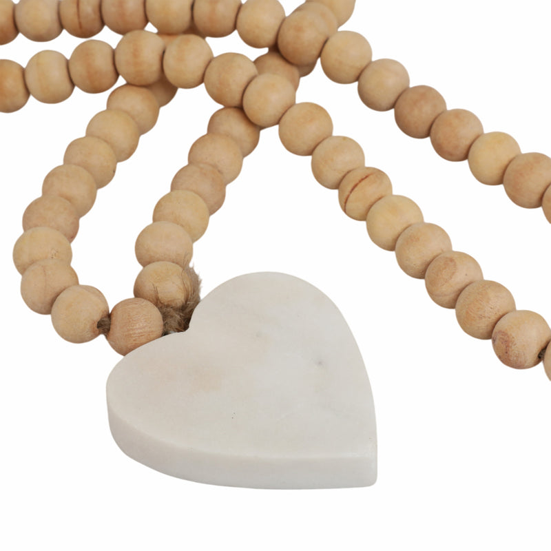 WOOD, 36 SMALL BEAD GARLAND W/ MARBLE HEART, NATU