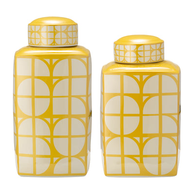 CER, 16H SQUARE JAR W/ LID, YELLOW/COTTON