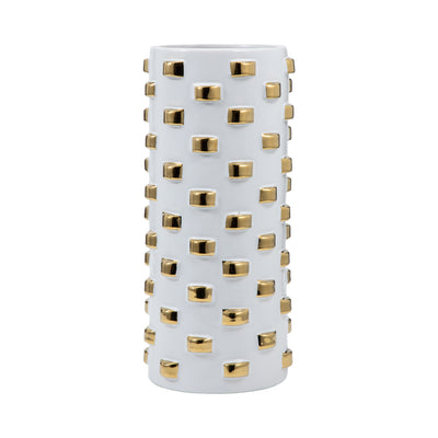 Stoneware, 11 Cylinder Vase, White/gold