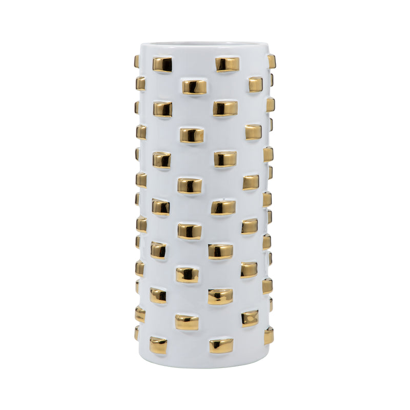 Stoneware, 11 Cylinder Vase, White/gold