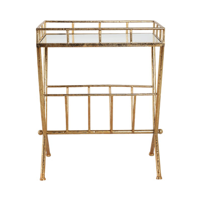 Metal & Glass Magazine Rack Accent Table, Gold