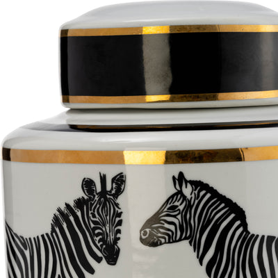 CER, 12H ZEBRA JAR W/ LID, WHITE/GOLD