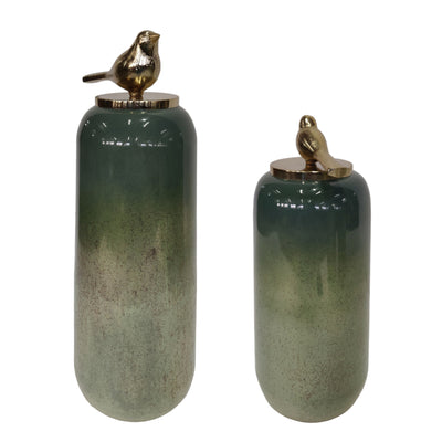 S/2 18/22finch Glass Bottles W/bird Metal Top,grn