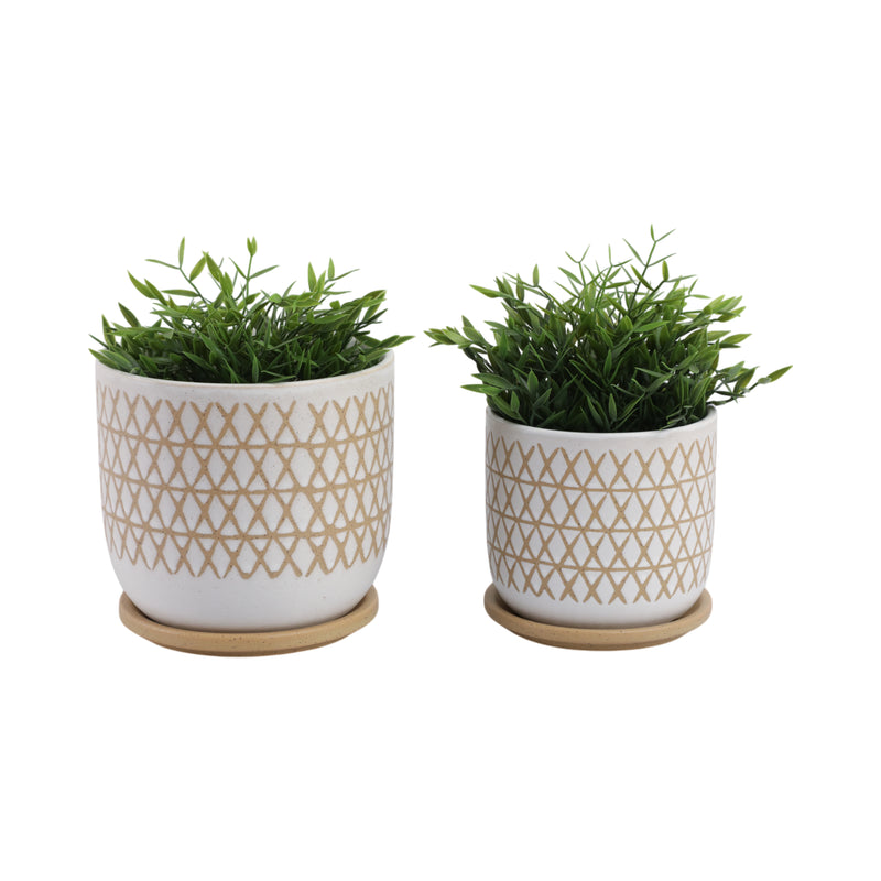 S/2 6/8 Criss/cross Planter W/ Saucer, Beige