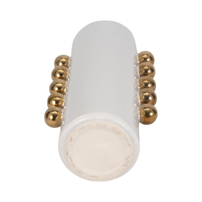 Cer, 16 Vase W/ Side Knobs, White/gold