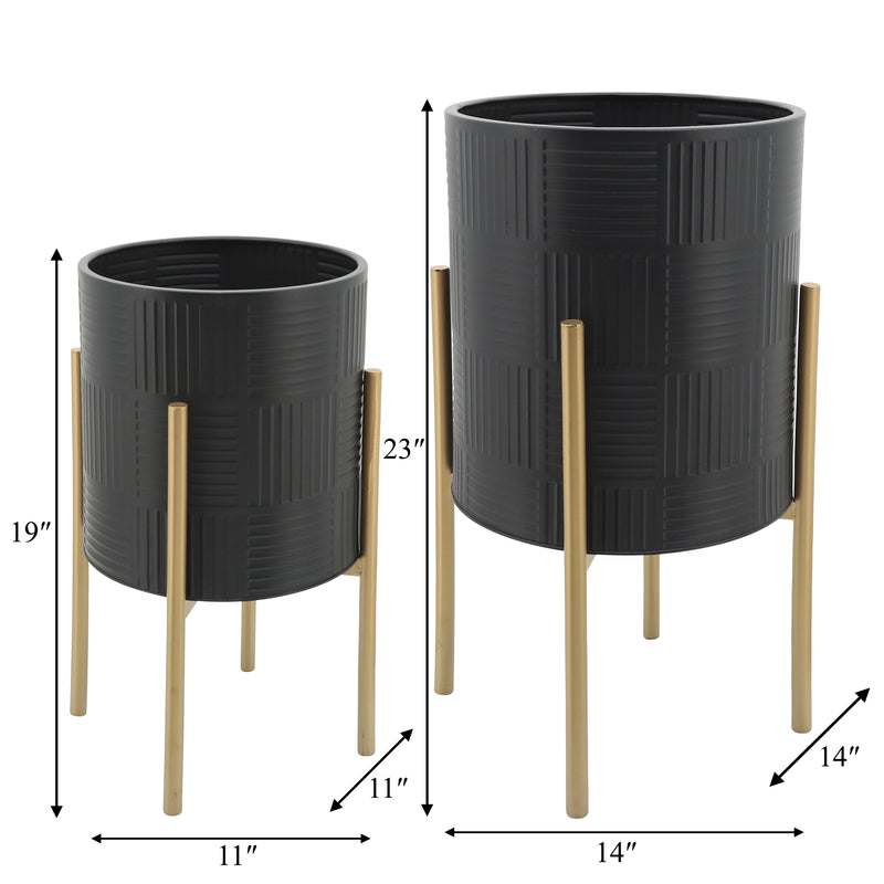 S/2 PLANTER W/ LINES ON METAL STAND, BLACK/GOLD