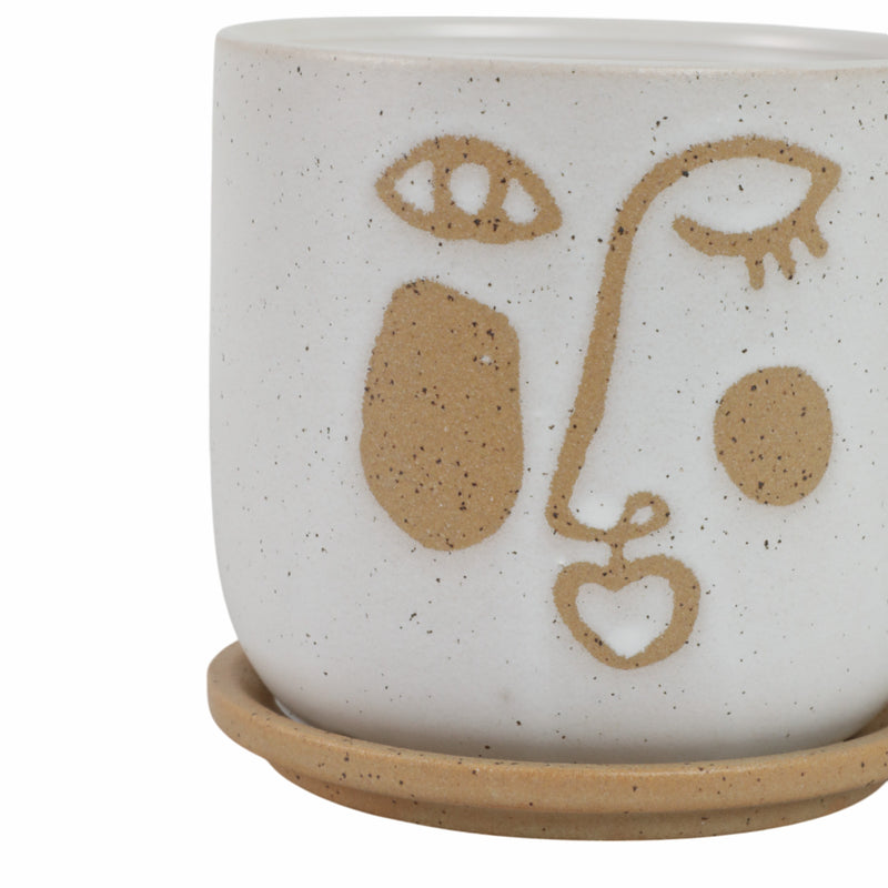 S/2 5/6 FUNKY FACE PLANTER W/ SAUCER, BEIGE