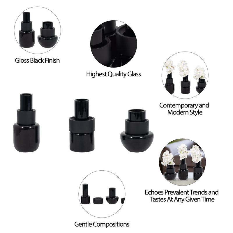 S/3 6/8/9 Eden Black Glass Vases