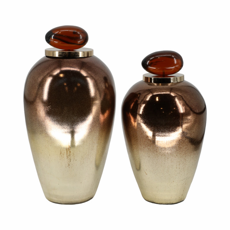 GLASS, 17 TEMPLE VASE W/ RESIN TOPPER, COPPER