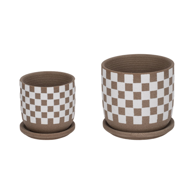 S/2 5/6 Checkerboard Saucer Planters, White/tan