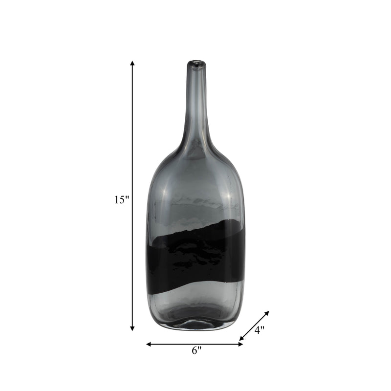 GLASS, 15H LONG NECK 2-TONE VASE, SMOKE/BLACK