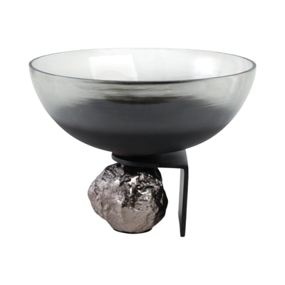 14x11 Glass Bowl On Rock Pedestal, Black/silver