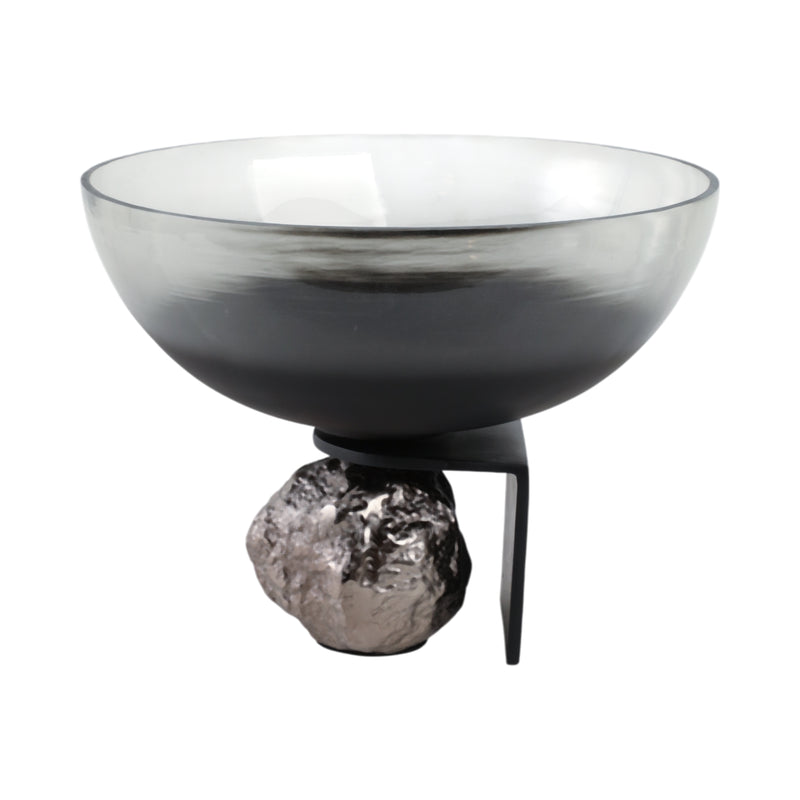 14x11 Glass Bowl On Rock Pedestal, Black/silver