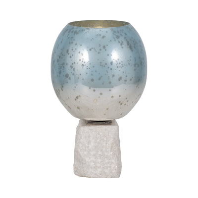 Glass, 13 Bowl Pillar Holder Marble Base, Aqua/wh