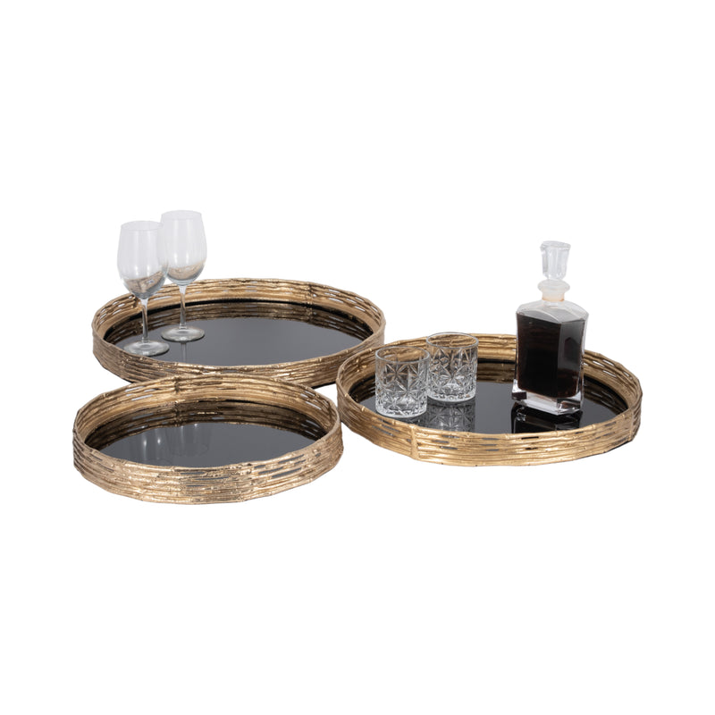 METAL, S/3 16/19/21 ROUND TRAYS, GOLD/BLACK