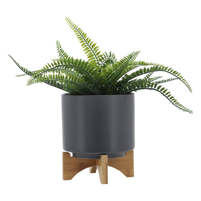 8 PLANTER W/ WOOD STAND, MATTE GRAY