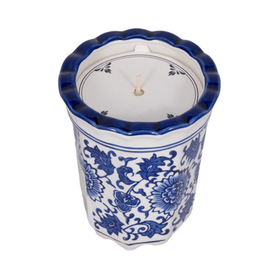 4, 7oz Fluted Chinoiserie Candle , Blue/white