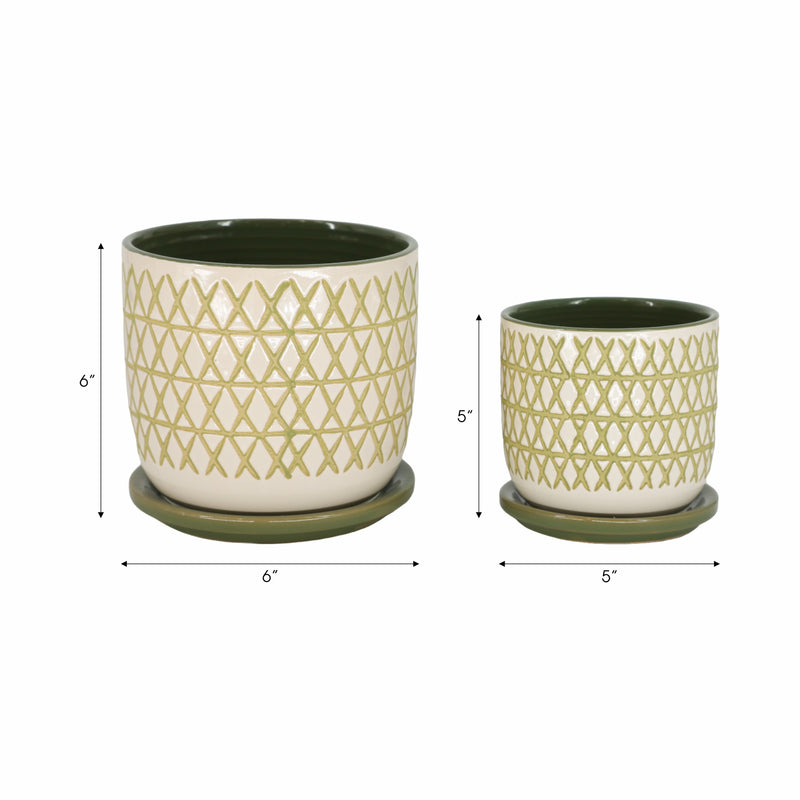 CER,  S/2  5/6 X-PLANTER W/ SAUCER,  OLIVE